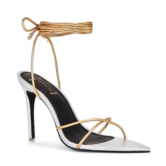 BLACK SUEDE STUDIO Talia Heels shoes Sandals Silver Gold ankle tie Revolve 8.5 - Picture 1 of 15